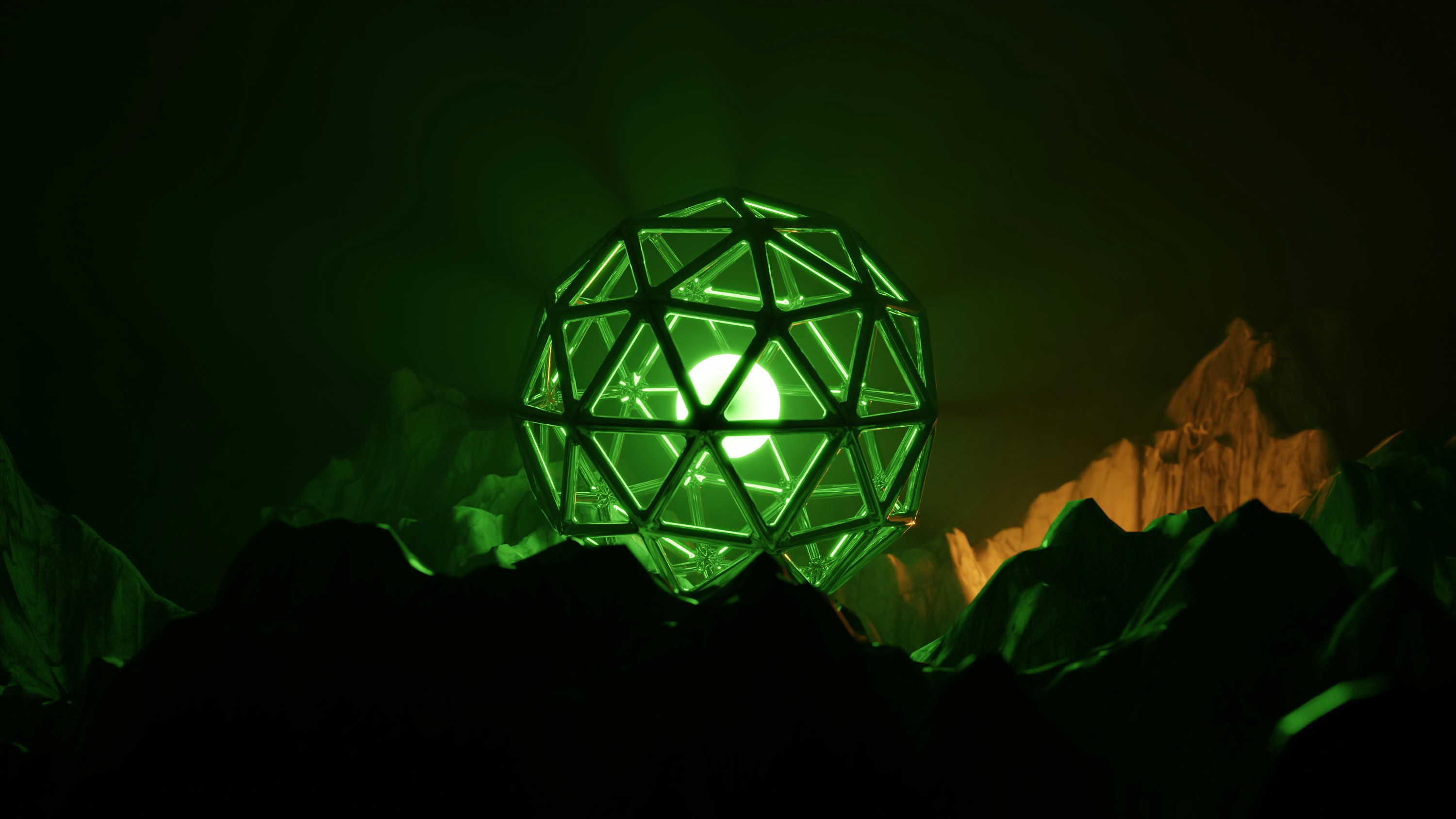 A glowing green orb contained in a geodesic sphere, set in dark landscape background