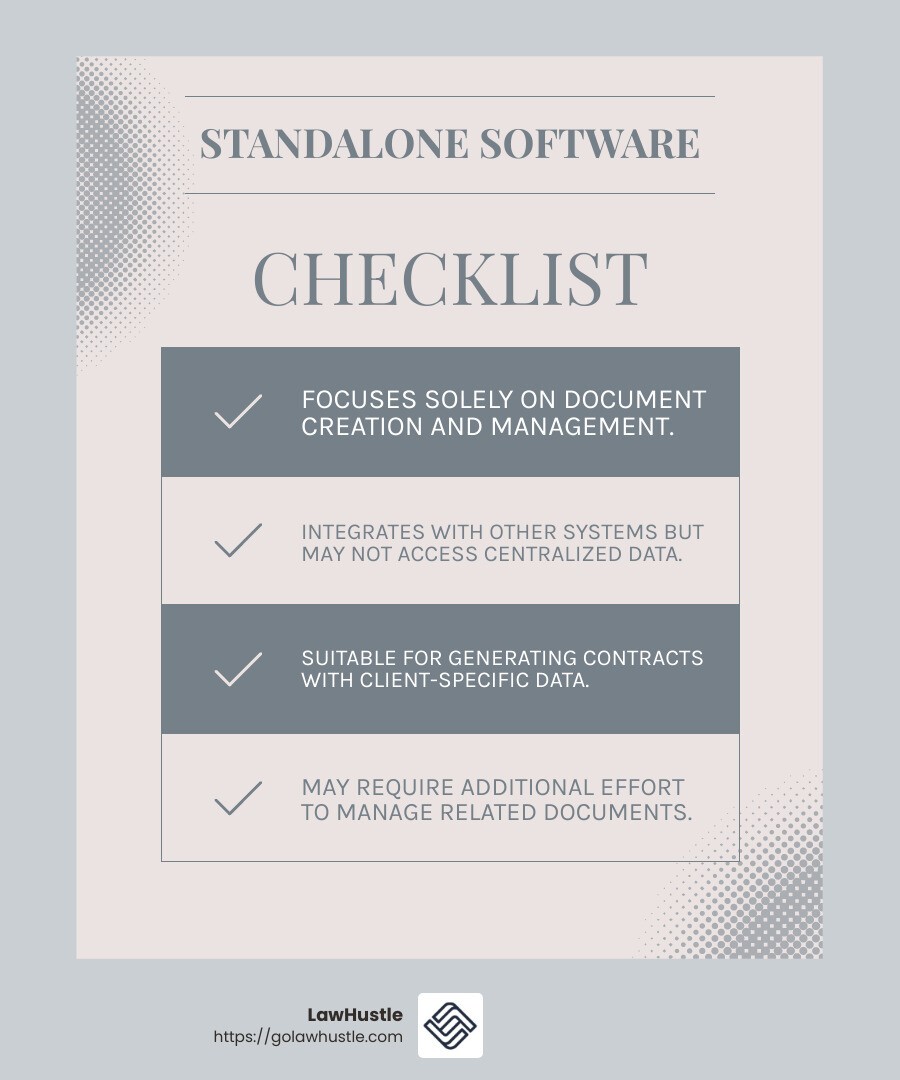 Standalone software can be complex to set up without integration to a central database. - Advanced legal document automation infographic checklist-light-blue-grey