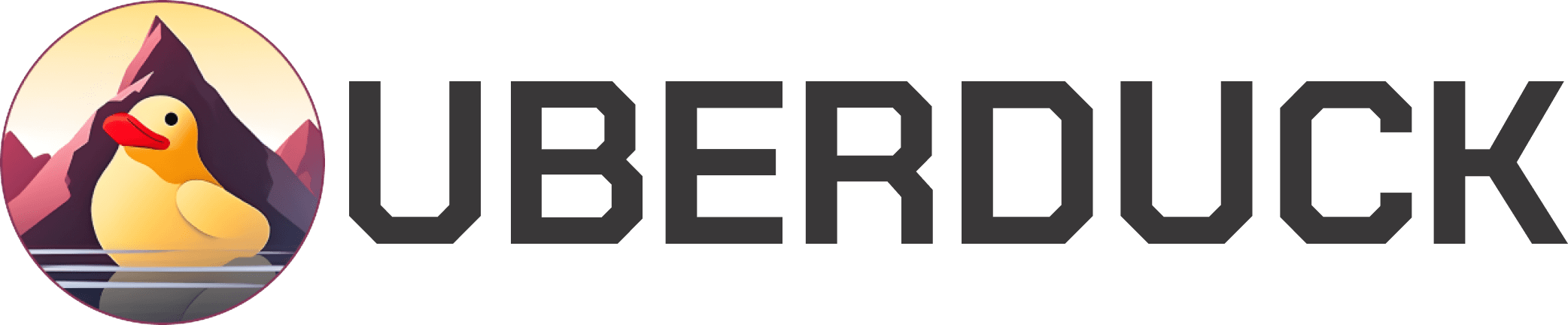 A stylized logo featuring a cartoon duck with an orange beak and black head framed by a round emblem of snow-capped mountains against a clear sky, accompanied by bold black capital letters spelling "UBERDUCK," suggesting a fusion of nature and modernity.