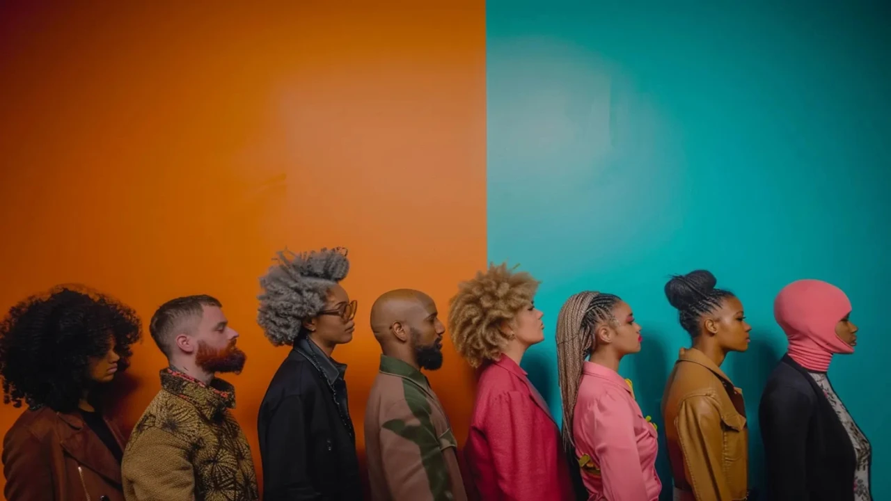 Sept personnes aux profils divers sont alignées côte à côte, toutes vues de profil et regardant dans la même direction. Elles se tiennent devant un mur bicolore, orange à gauche et turquoise à droite. Les coiffures, styles vestimentaires et carnations diffèrent, soulignant la diversité du groupe. Cette scène accompagne la réflexion sur les outils de recrutement IA, entre promesse d’innovation et risque de reproduction de préjugés dans les processus de sélection.