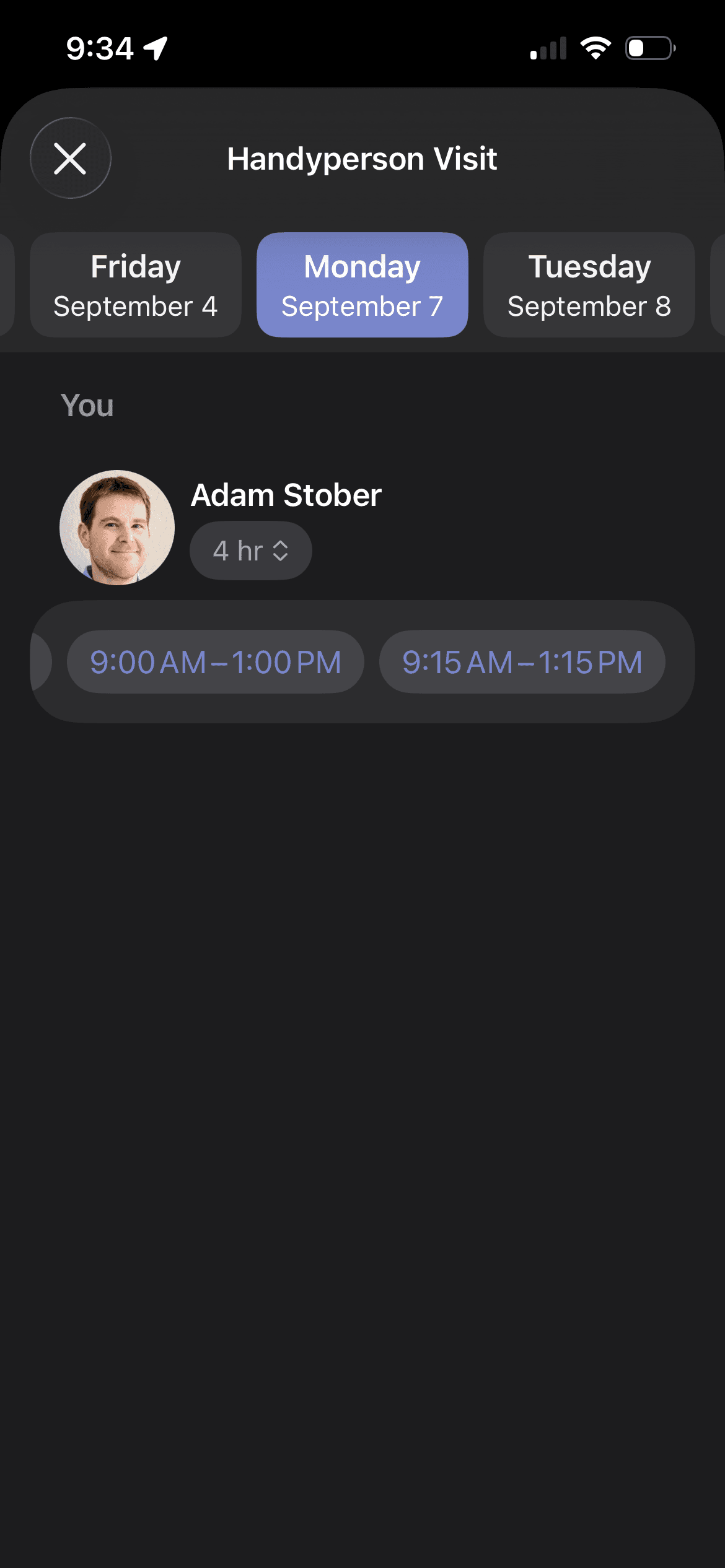 Schedule screen inside an iPhone