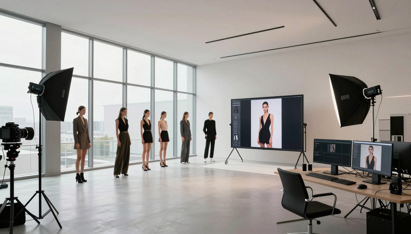 luxury fashion photography studio showcasing blend of traditional and AI technology