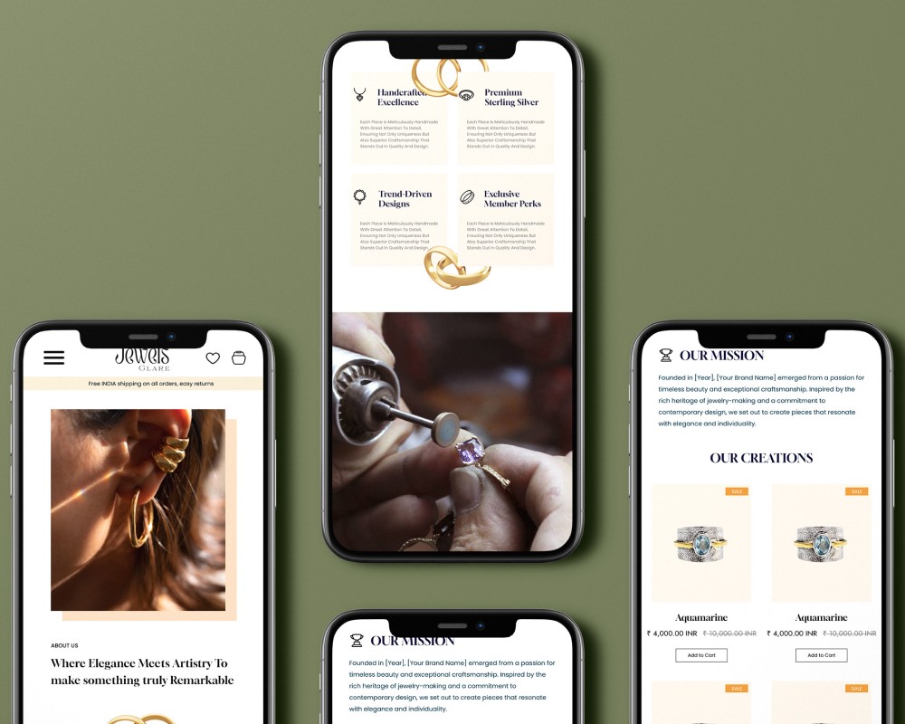 Collage of mobile phone screens displaying a jewelry website with various sections including handcrafted excellence, premium sterling silver, trend-driven designs, exclusive member perks, about us, our mission, and our creations featuring aquamarine jewelry