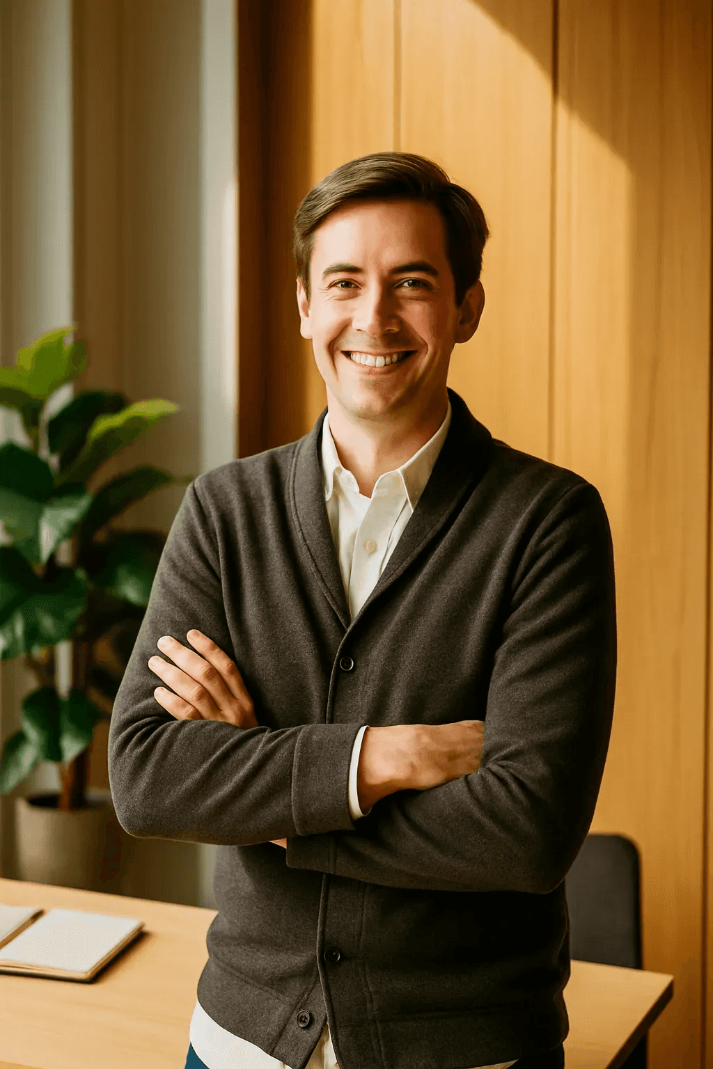 Man in a sweater smiling with arms crossed while standing by a wooden wall.