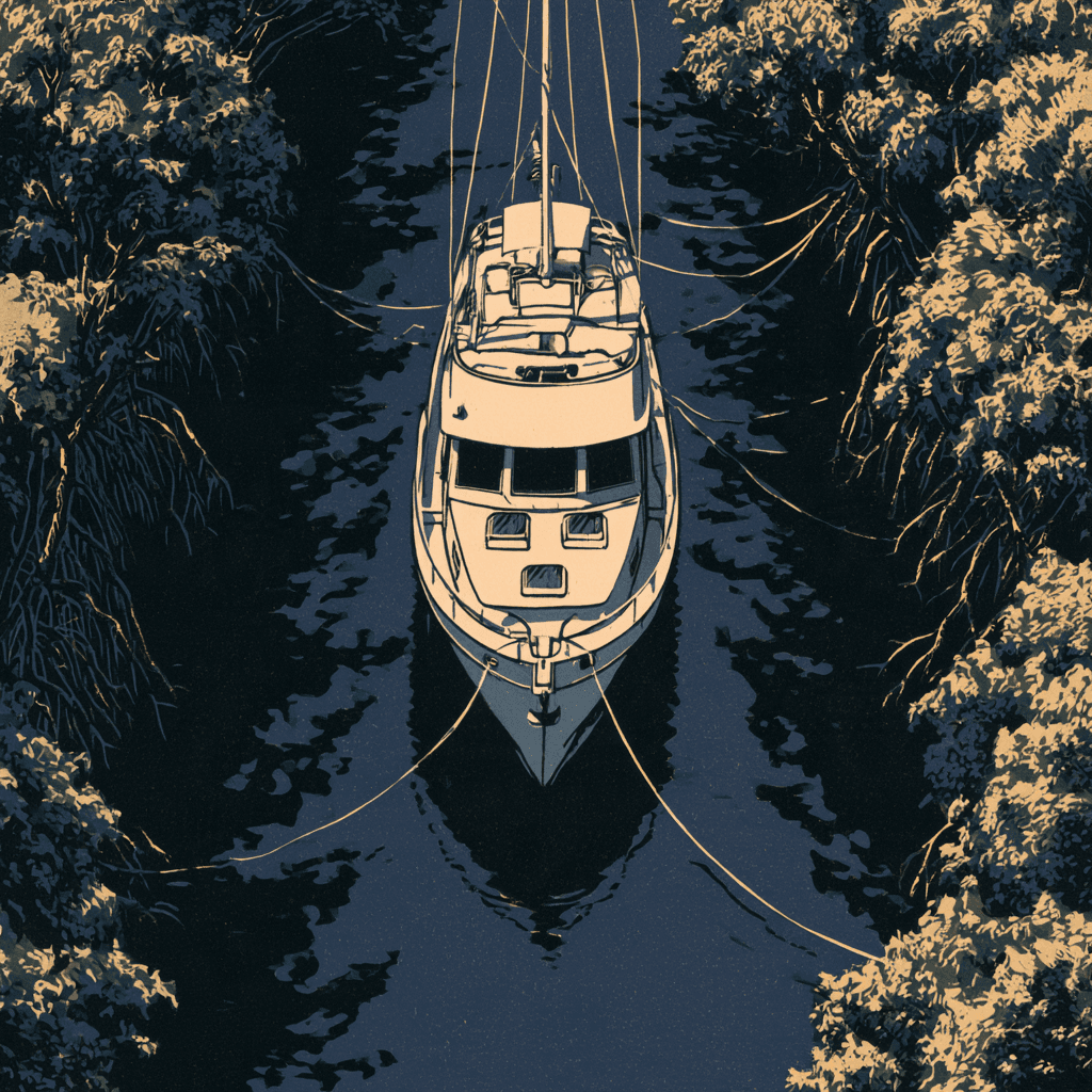 Woodcut print, seen from above, of a trawler tied up in a narrow mangrove creek with lines run to the trees on both banks