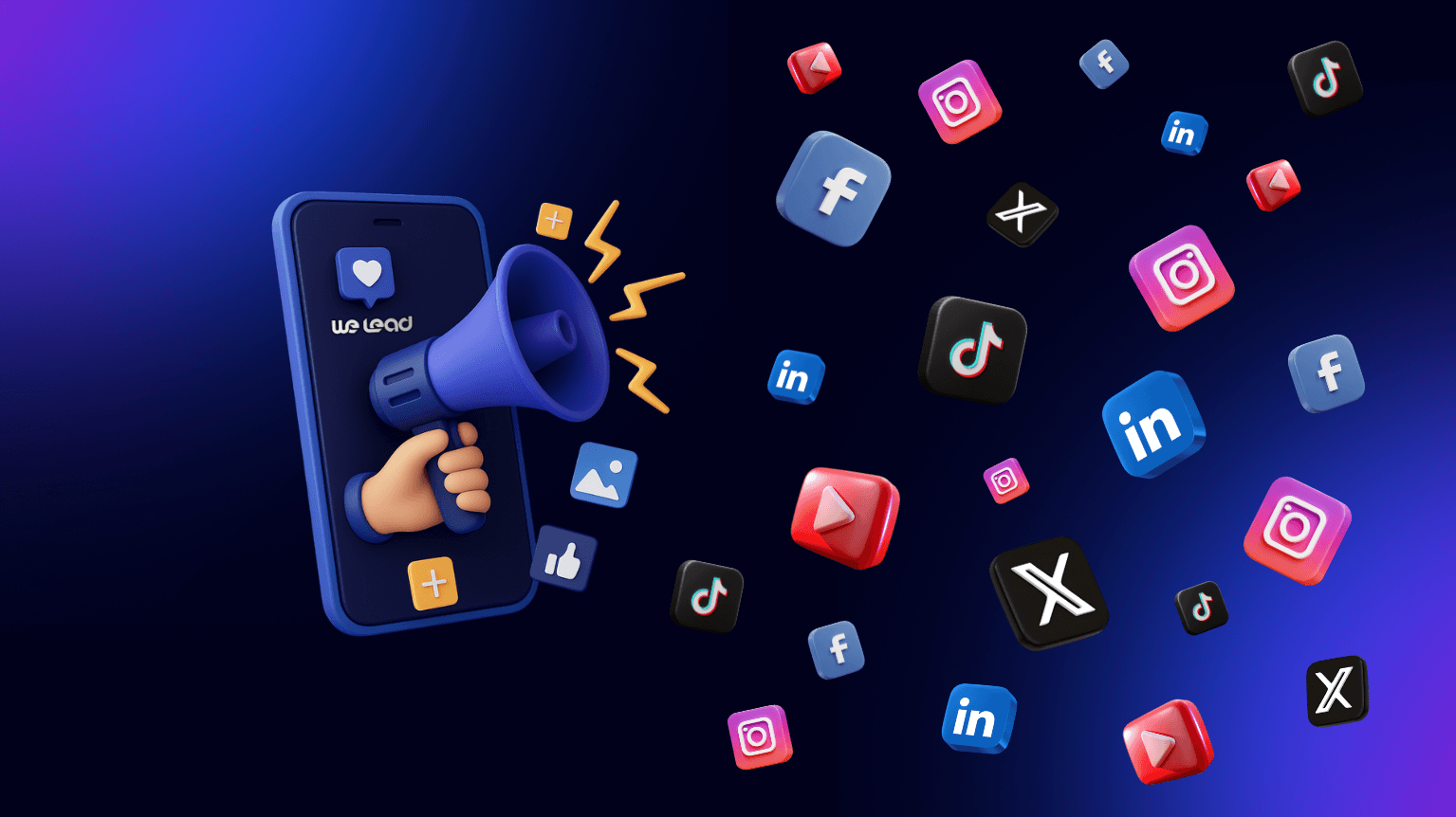 3D illustration of a smartphone with a megaphone and floating social media icons including Instagram, TikTok, LinkedIn, Facebook, and X representing social media marketing for small businesses