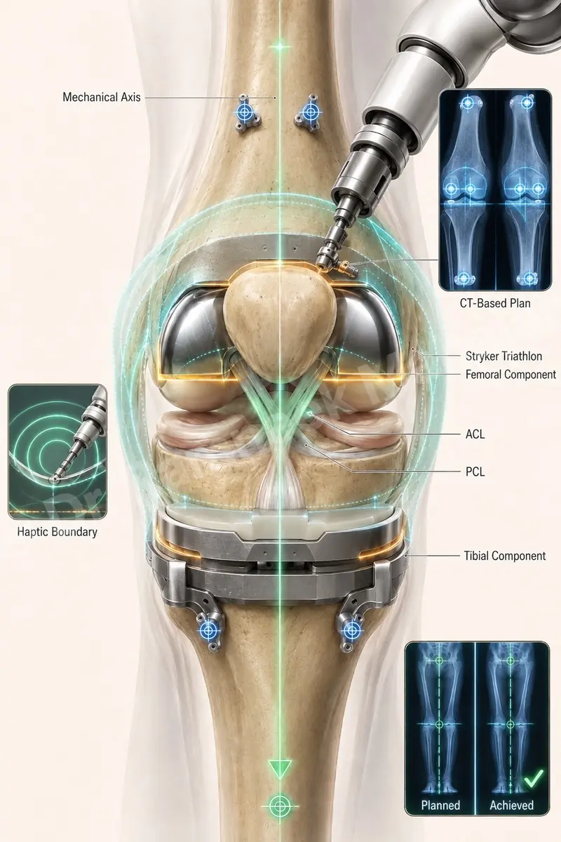 Robotic arm performing a CT-planned, haptic-bounded total knee replacement with implant components positioned.