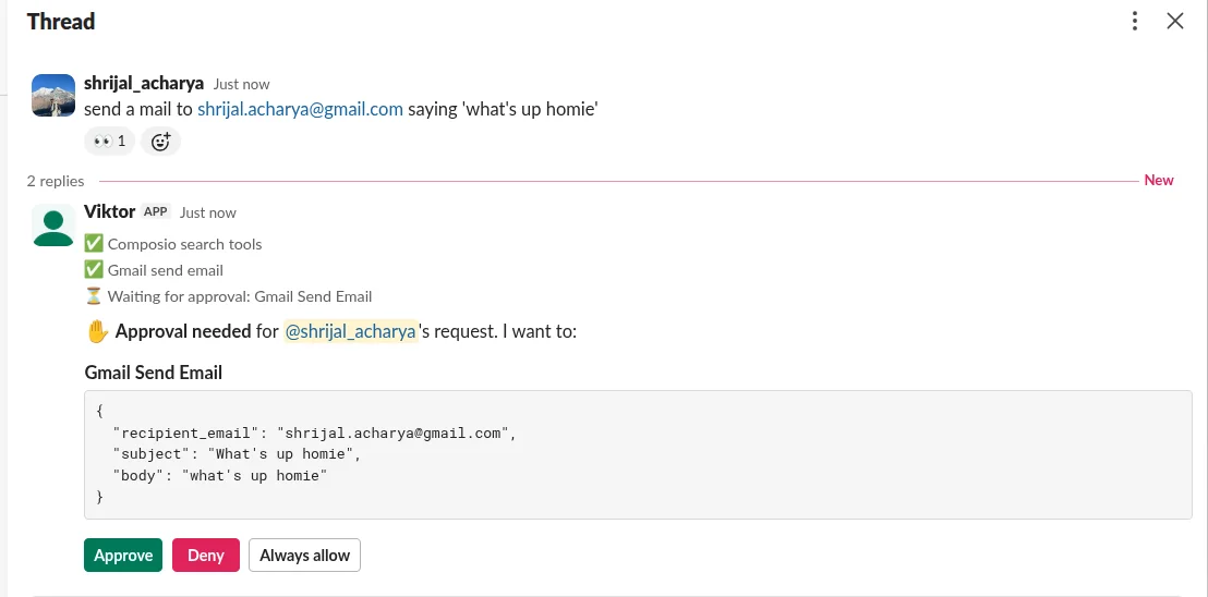 Slack approval card for a Gmail send email action