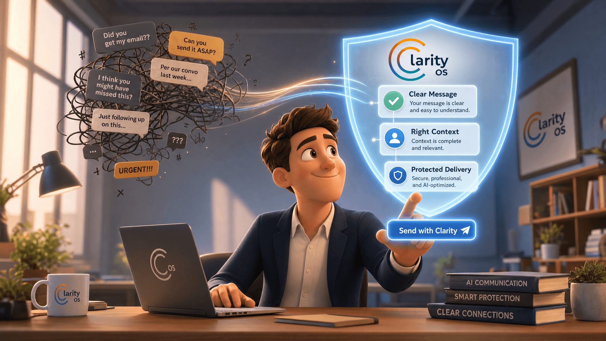 Clarity OS hero visual showing the system in action