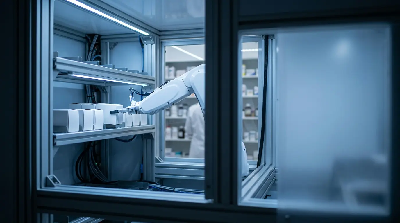 Robotic arm picking up medication packages from an automated shelf in a pharmacy.
