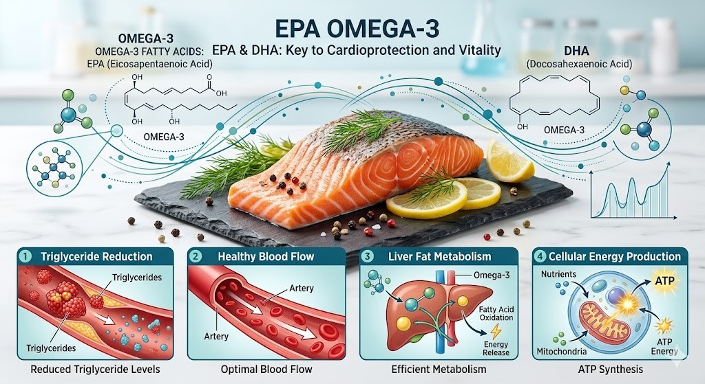 An informative medical visualization infographic centered on a fresh wild salmon fillet, surrounded by elegant illustrative elements and text panels in a blue and teal palette. The top section, with a realistic photo of salmon and garnishes, explicitly lists the molecular structures for "EPA OMEGA-3 (Eicosapentaenoic Acid)" and "DHA (Docosahexaenoic Acid)," with the main title "EPA & DHA: Key to Cardioprotection and Vitality." Below the food, four numbered educational panels illustrate key benefits: 1. Triglyceride Reduction, showing a microscopic vessel with clumping lipids being reduced; 2. Healthy Blood Flow, with a clear artery view of red blood cells moving swiftly; 3. Liver Fat Metabolism, a diagram of the liver processing fatty acids for energy release; and 4. Cellular Energy Production, showing ATP synthesis within a cell. The style is a premium blend of photography and clean medical artwork, resembling a detailed healthcare article.