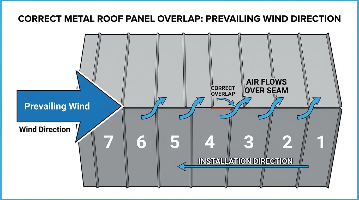 Diagram showing wind direction and correct metal roof panel overlap order.
