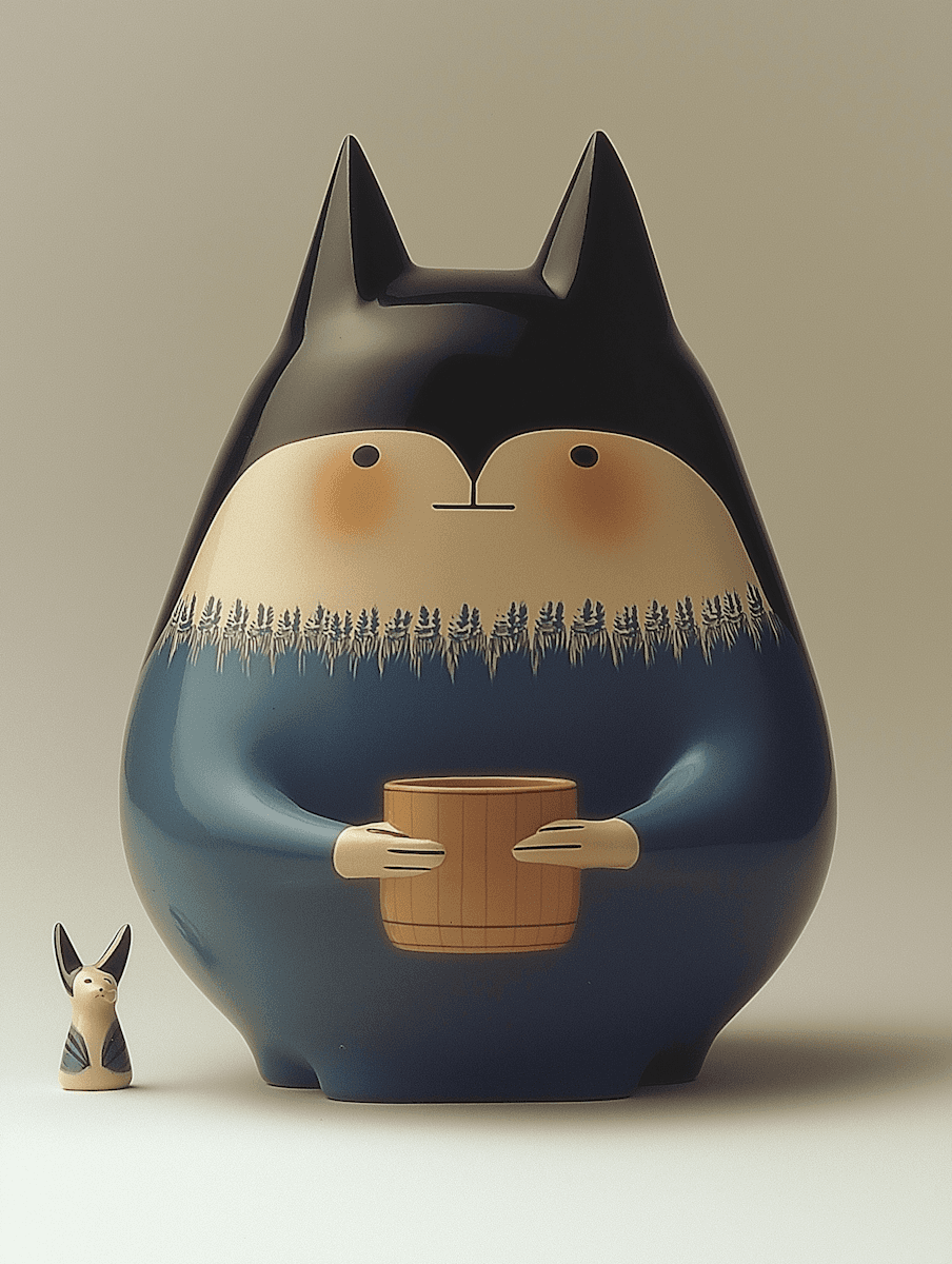 A cute, round character in a blue outfit holding a cup, with a small bunny figure next to it.