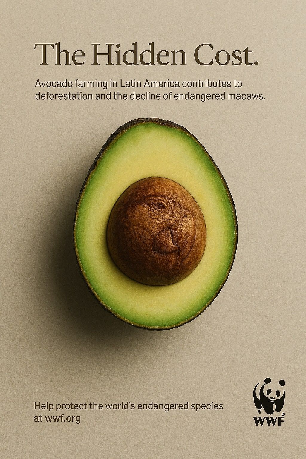 The hidden cost campaign by WWF Denmark. Showing a cross-section of an aocado with a macaw carved into the stone. Supporting text: Avocado farming in Latin America contributes to deforestation and the decline of endangered macaws.