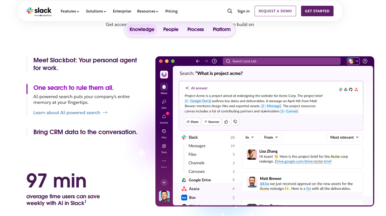 Slack AI-powered search interface showing Slackbot search results across messages, files, and connected apps