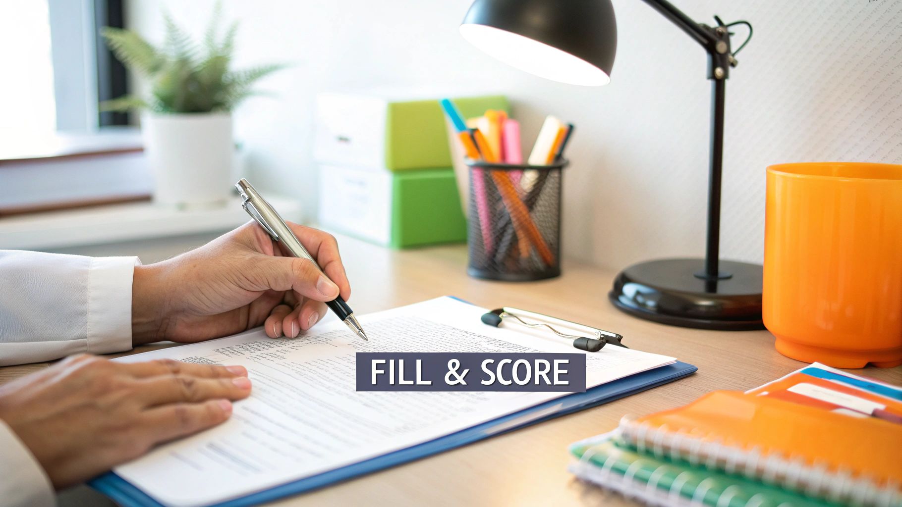 A person is filling out a medical questionnaire on a clipboard.