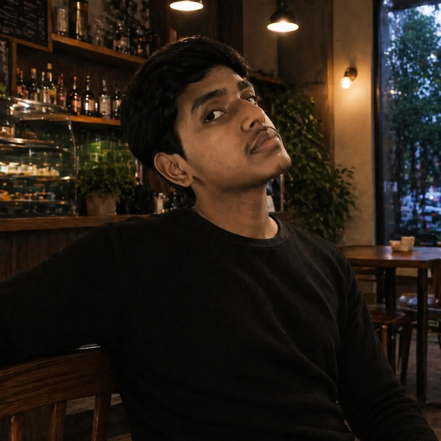 Portrait of a young man with short dark hair wearing a black sweater, seated in a warmly lit café with bottles on wooden shelves and string lights in the background.