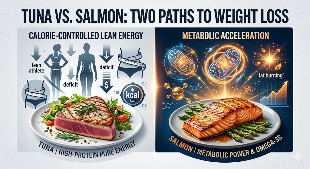A dynamic infographic comparing two weight loss strategies: "Tuna vs. Salmon: Two Paths to Weight Loss." The left side, titled "CALORIE-CONTROLLED LEAN ENERGY," features a seared tuna steak and uses cool blue tones to highlight icons for a lean athlete, calorie deficit, body measurement, and low calorie count, with the text "TUNA | HIGH-PROTEIN PURE ENERGY." The right side, titled "METABOLIC ACCELERATION," features a grilled salmon fillet and uses warm orange tones to show glowing mitochondria, omega-3 molecules, a rising fat-burning chart, and the text "SALMON | METABOLIC POWER & OMEGA-3S." The graphic has a professional, modern wellness illustration aesthetic mixed with realistic food photography.
