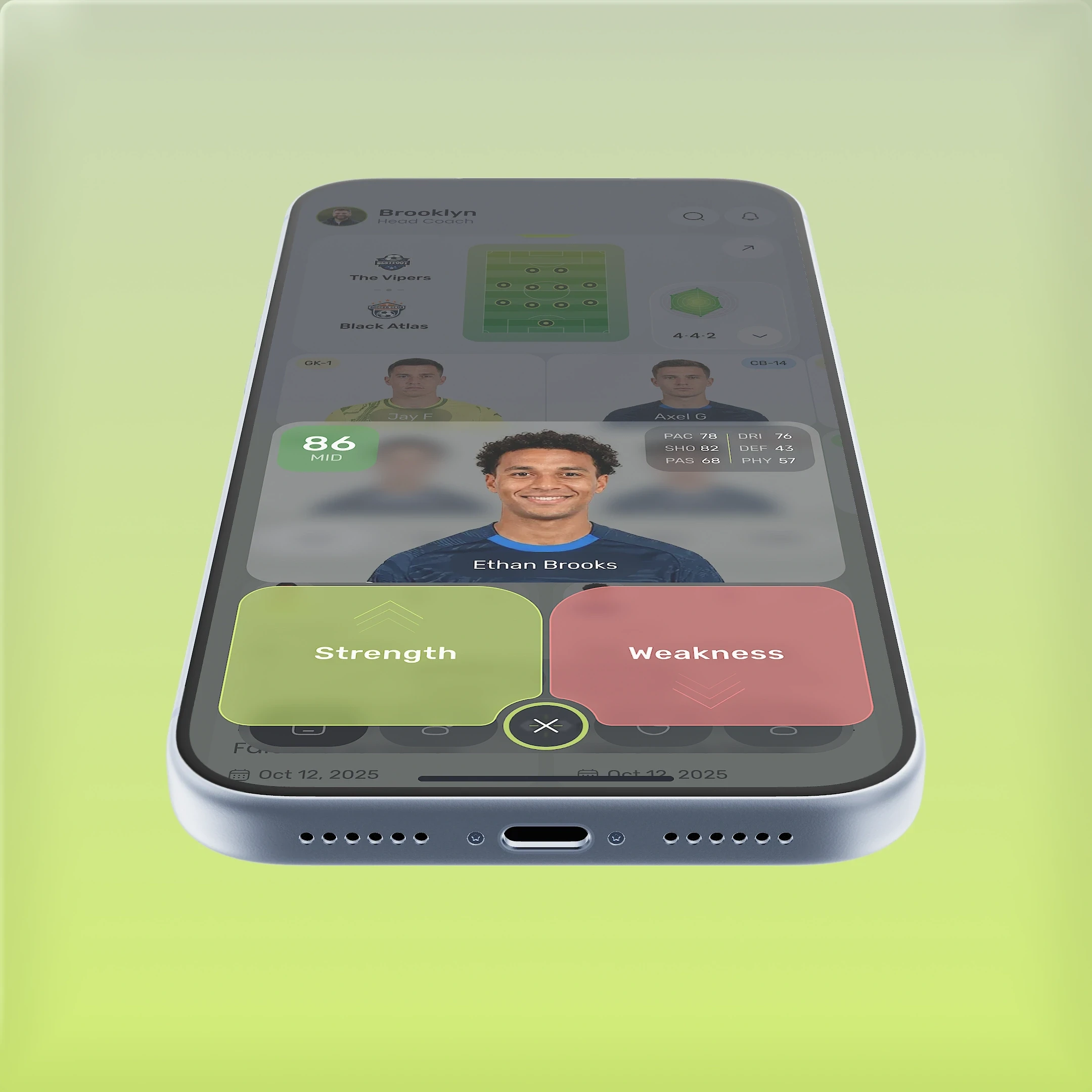 Close-up mobile UI design for a quick player assessment feature, using large "Strength" and "Weakness" action buttons for scouting.