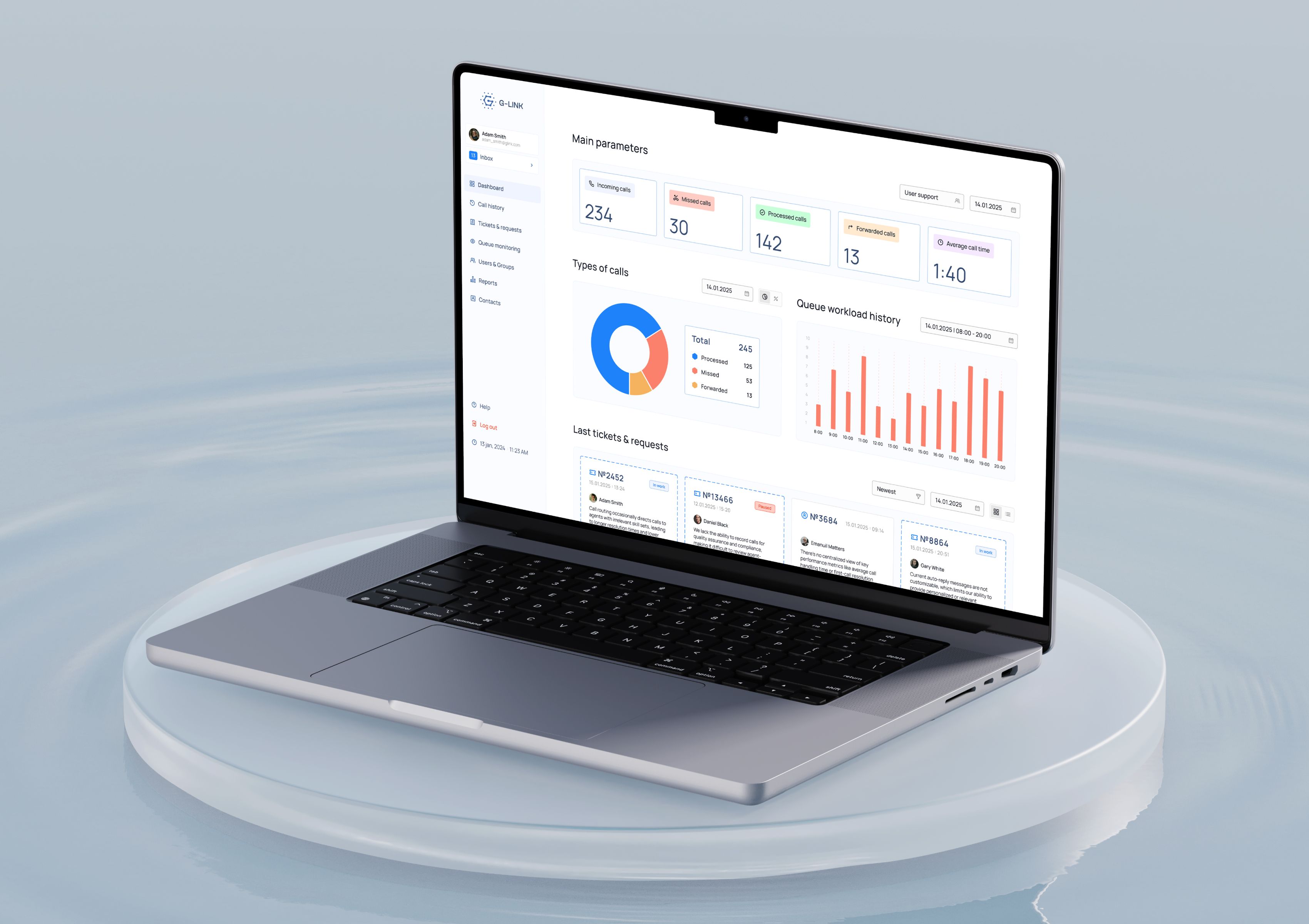 G-link dashboard interface displayed on a laptop mockup, showing analytics, call metrics, and recent ticket activity.