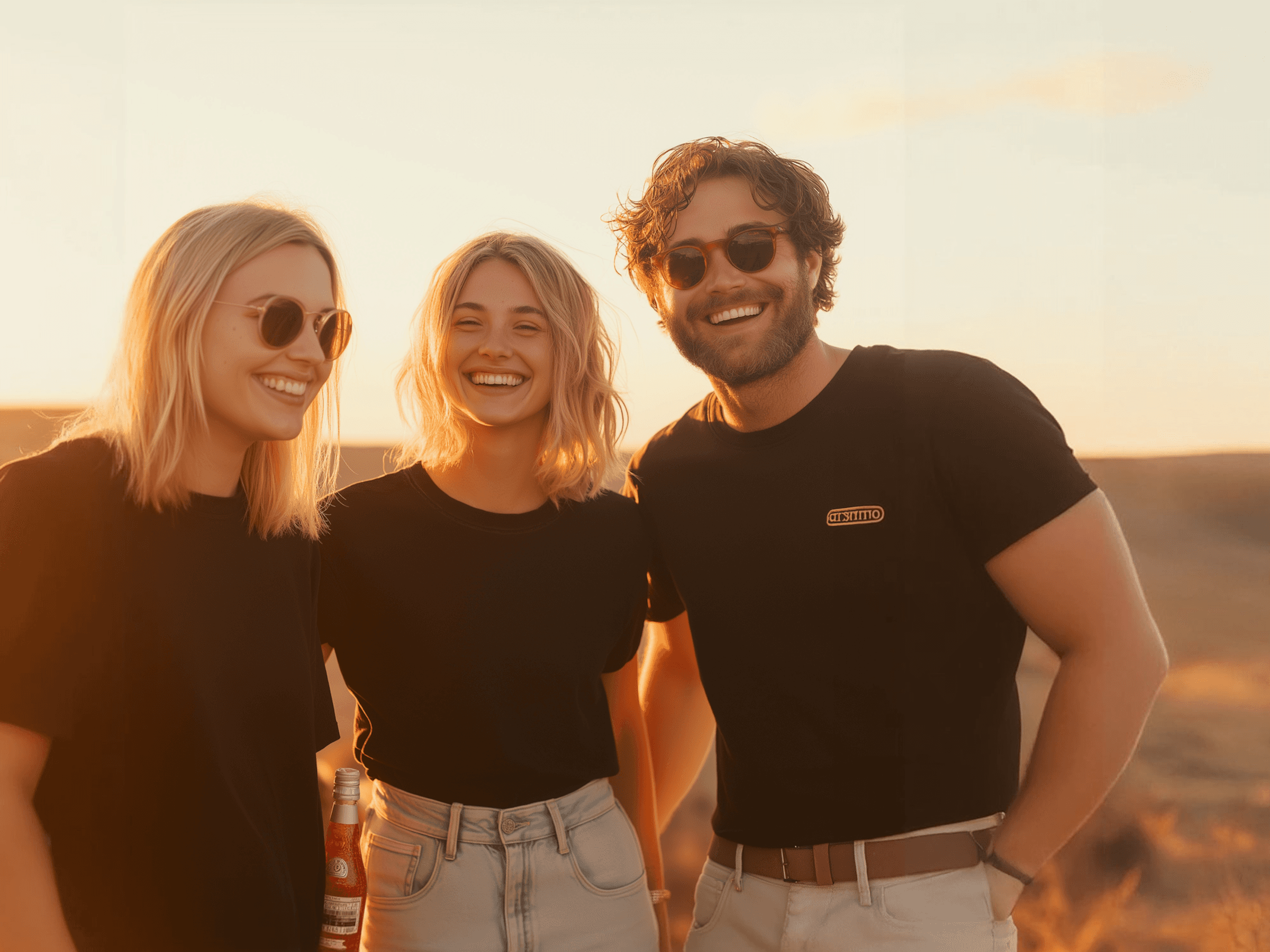Three local guides smiling during sunset in AlUla desert, representing the tour team.