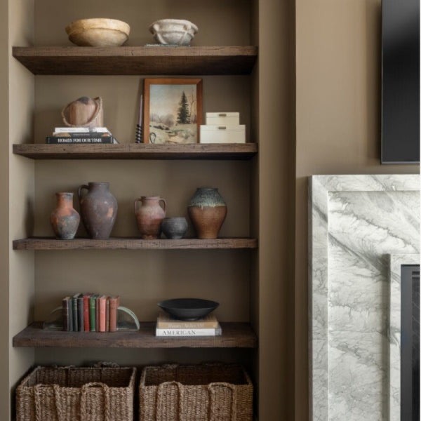 Warm Beige Builtin Shelves with Pottery