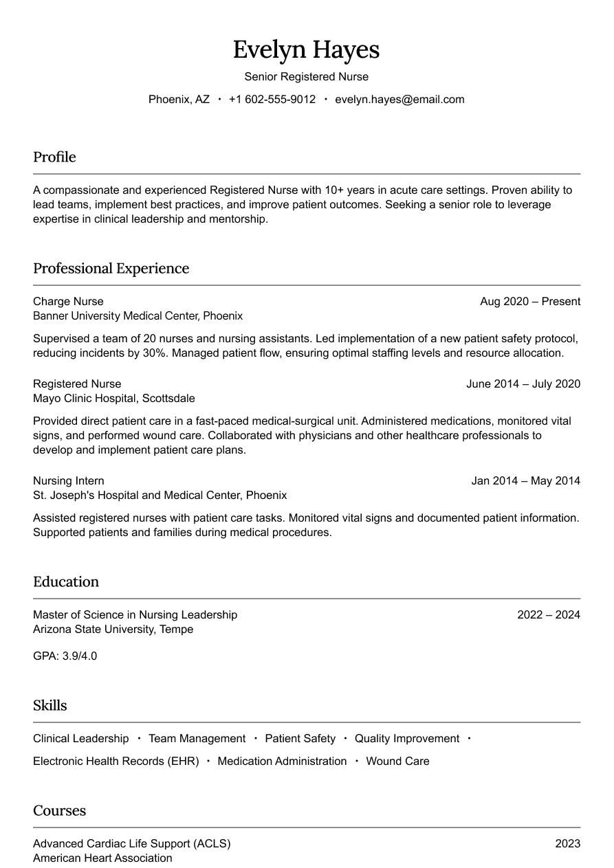 Senior registered nurse resume example showing leadership