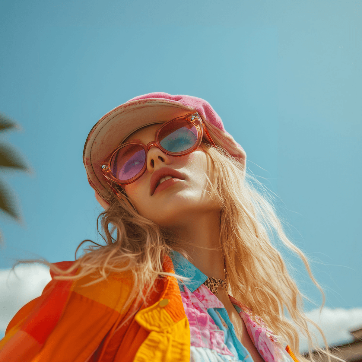 Stylish woman in a pink hat and tinted sunglasses posing outdoors against a bright blue sky, wearing colorful fashion layers in warm sunlight.