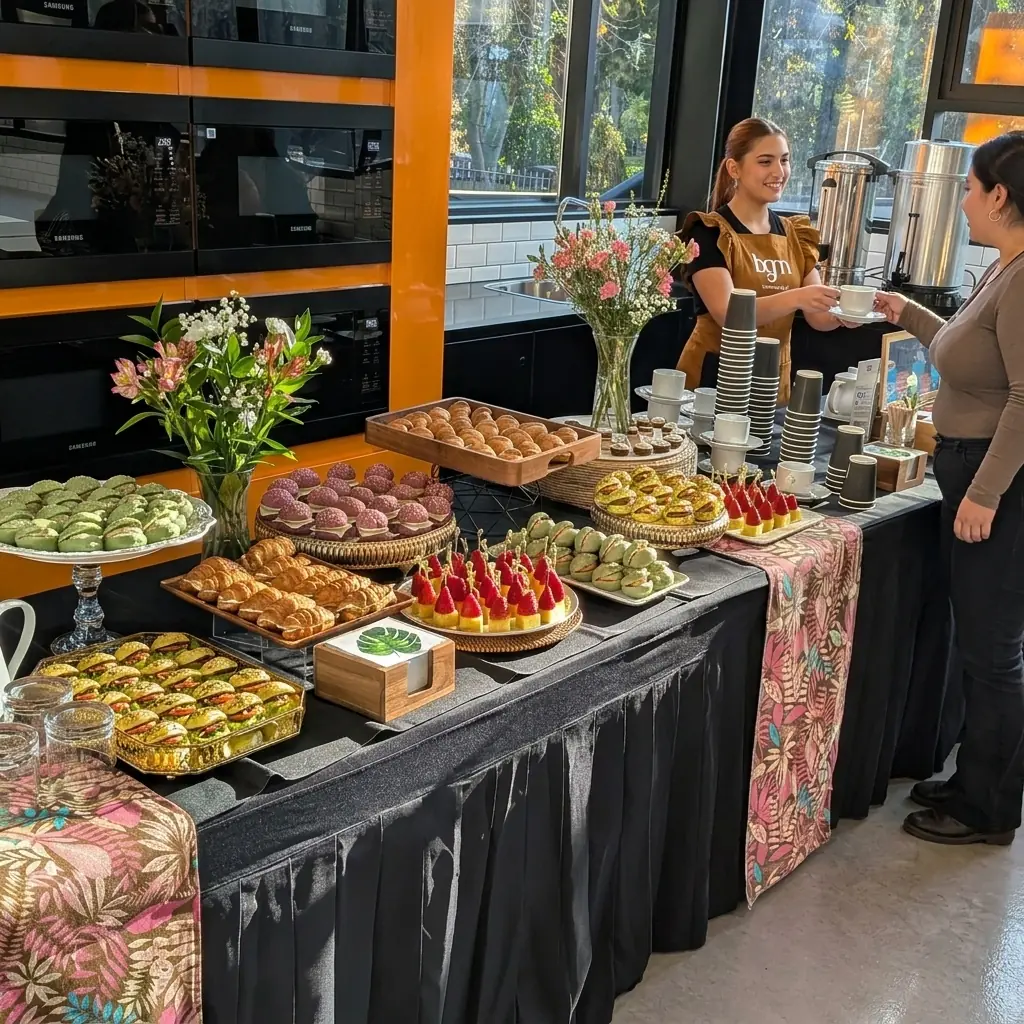 Coffee Break Ejecutivo premium con montaje elegante de termos, tazas y bocados finos para reuniones corporativas.