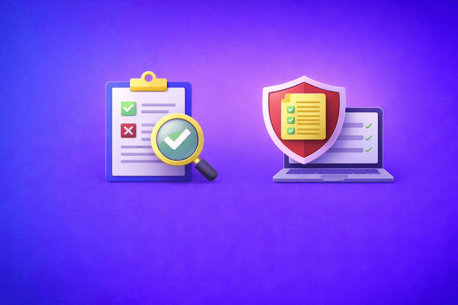 Customer screening fintech illustration with magnifying glass icon on blue to purple gradient background, representing AML compliance, real-time risk assessment, and identity verification for financial institutions.
