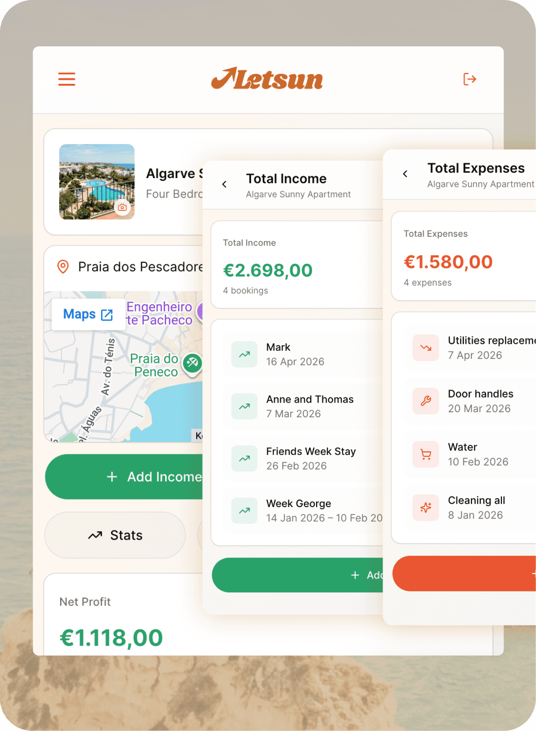 Letsun rental property management app dashboard for tracking Airbnb income, expenses, bookings, revenue trends and profit for short term rental hosts.