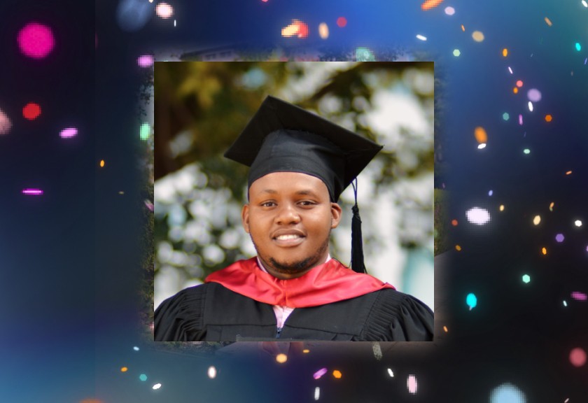 Bold and celebratory graduation invite with a graduate portrait and fireworks on a black background.