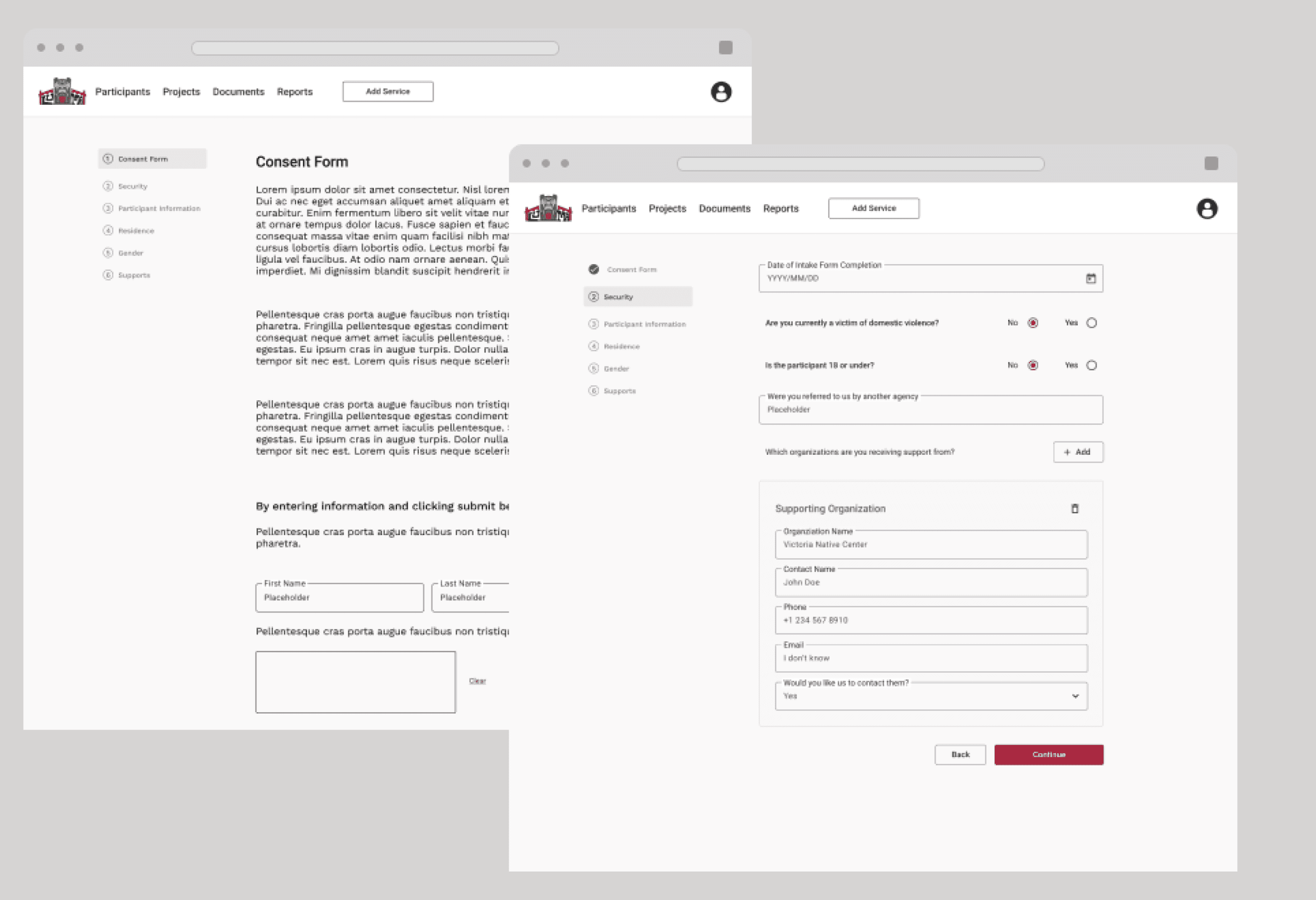 High-fidelity wireframes of an intake form, showcasing a clean layout with labeled input fields, dropdown menus, and a submit button for user-friendly navigation.