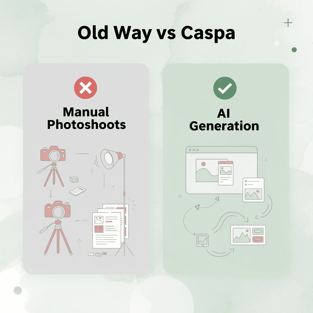 Before and after infographic comparing manual photoshoots to AI-generated product visuals