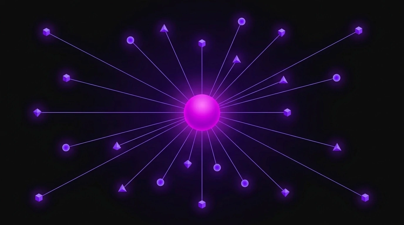 Minimalist vector illustration of Query Fan-out showing a central magenta node branching into multiple violet paths.