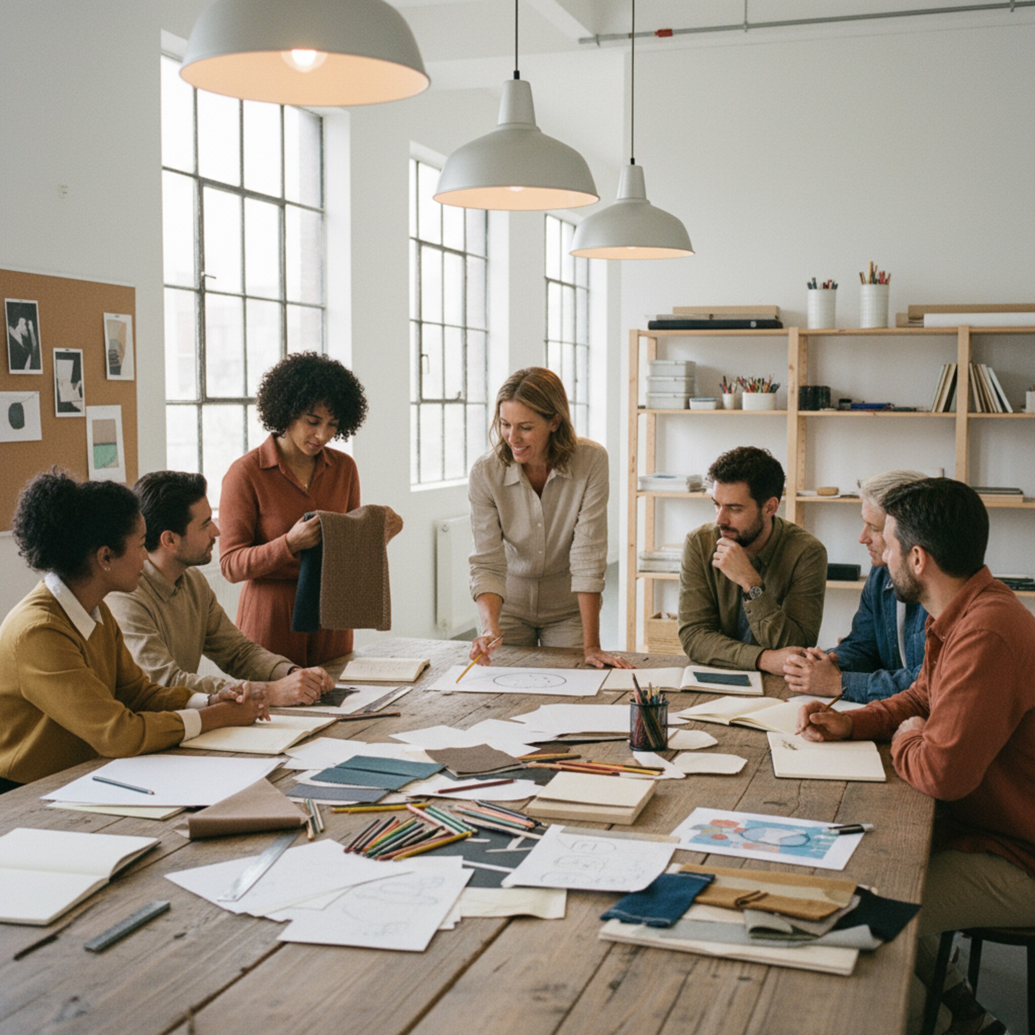 Ein Workshop in einem modernen Atelier: Auf einem großen Tisch liegen Papiere, Stifte und Materialproben. Ein Kursleiter erklärt eine Aufgabe, während kleine Gruppen eng zusammenarbeiten. Gedämpftes, warmes Licht, leise Gespräche und ein sichtbarer Fokus auf gemeinsames Lernen.