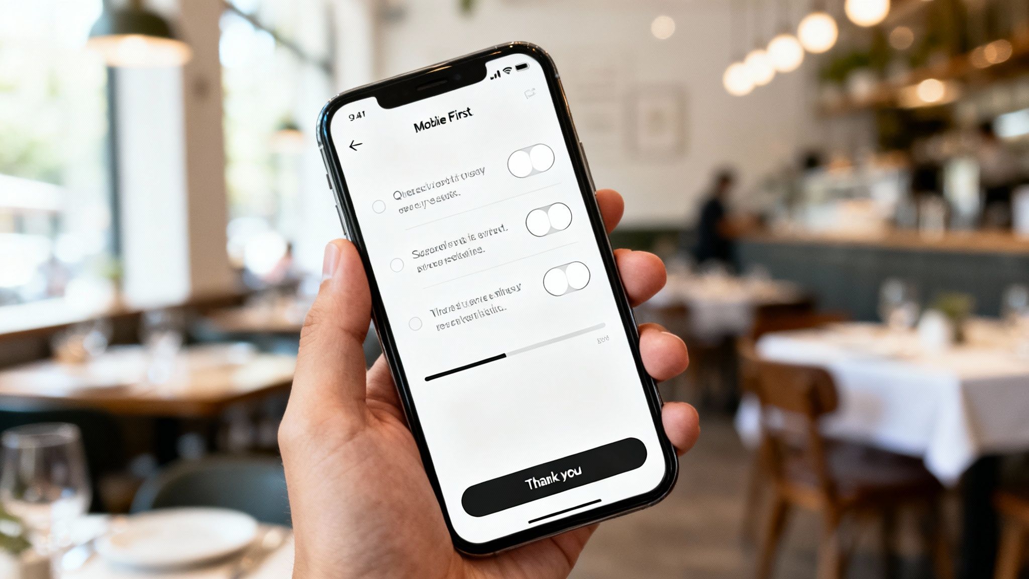 A hand holds a smartphone displaying a mobile survey interface with toggles in a blurred restaurant setting.