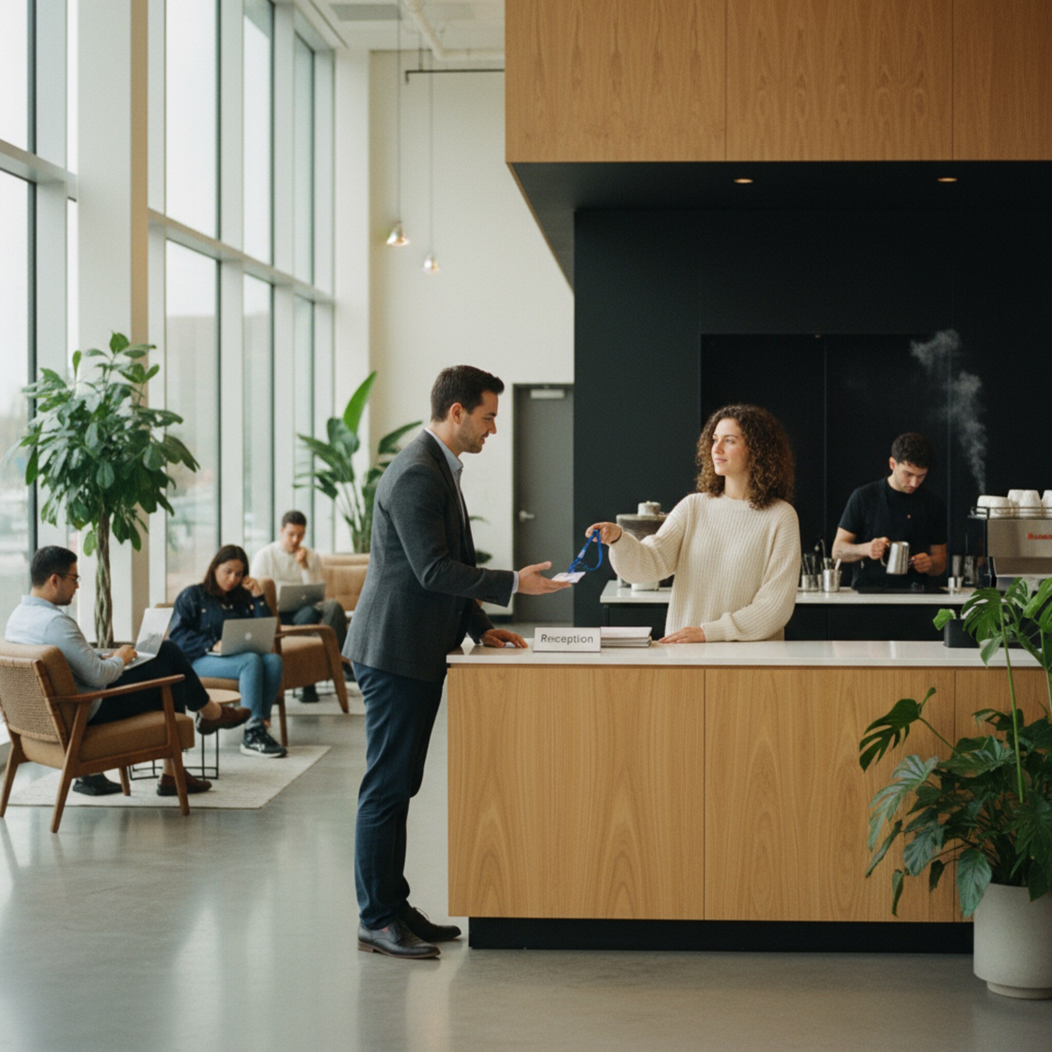 Eine freundliche Lobby mit dezentem Empfangstresen empfängt Besucher. Ein Mitarbeiter reicht einem Gast einen Badge, während im Hintergrund ein Barista Kaffee zubereitet. Grünpflanzen und warmes Licht schaffen eine angenehme Stimmung. Der Ablauf wirkt zügig und herzlich.