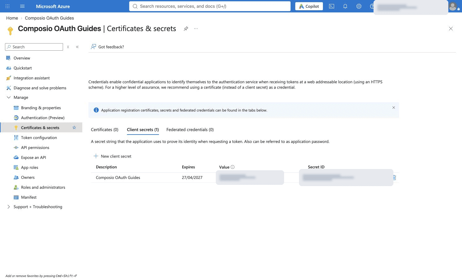 Certificates and secrets with New client secret
