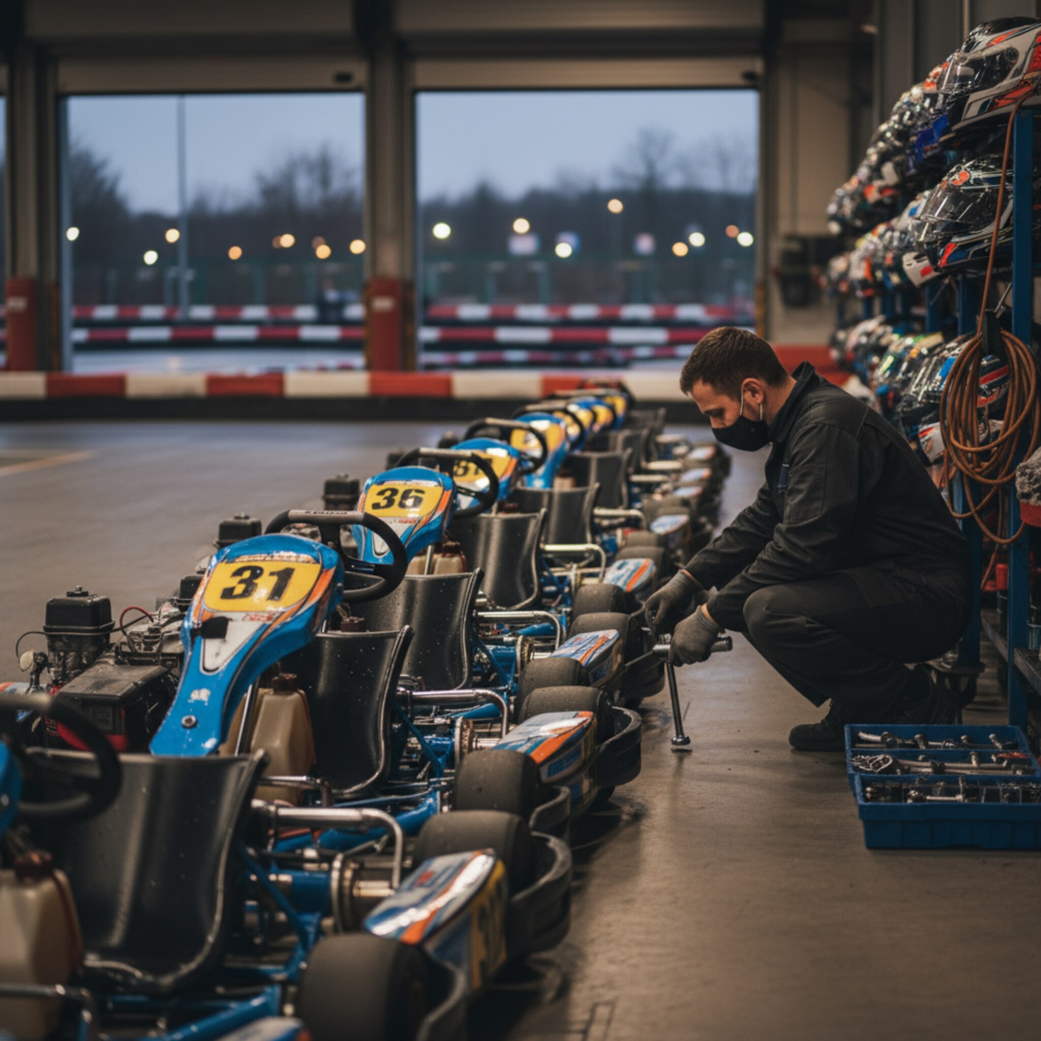 In der Boxengasse stehen frisch gewartete Karts in einer aufgereihten Reihe, die Sitzpolster sind noch leicht feucht vom Reinigen. Ein Mechaniker zieht einen Drehmomentschlüssel nach, neben ihm liegen sortierte Helme. Aus der Halle fällt warmes Licht auf den Betonboden, leise Geräusche von Motorenproben füllen die Luft.
