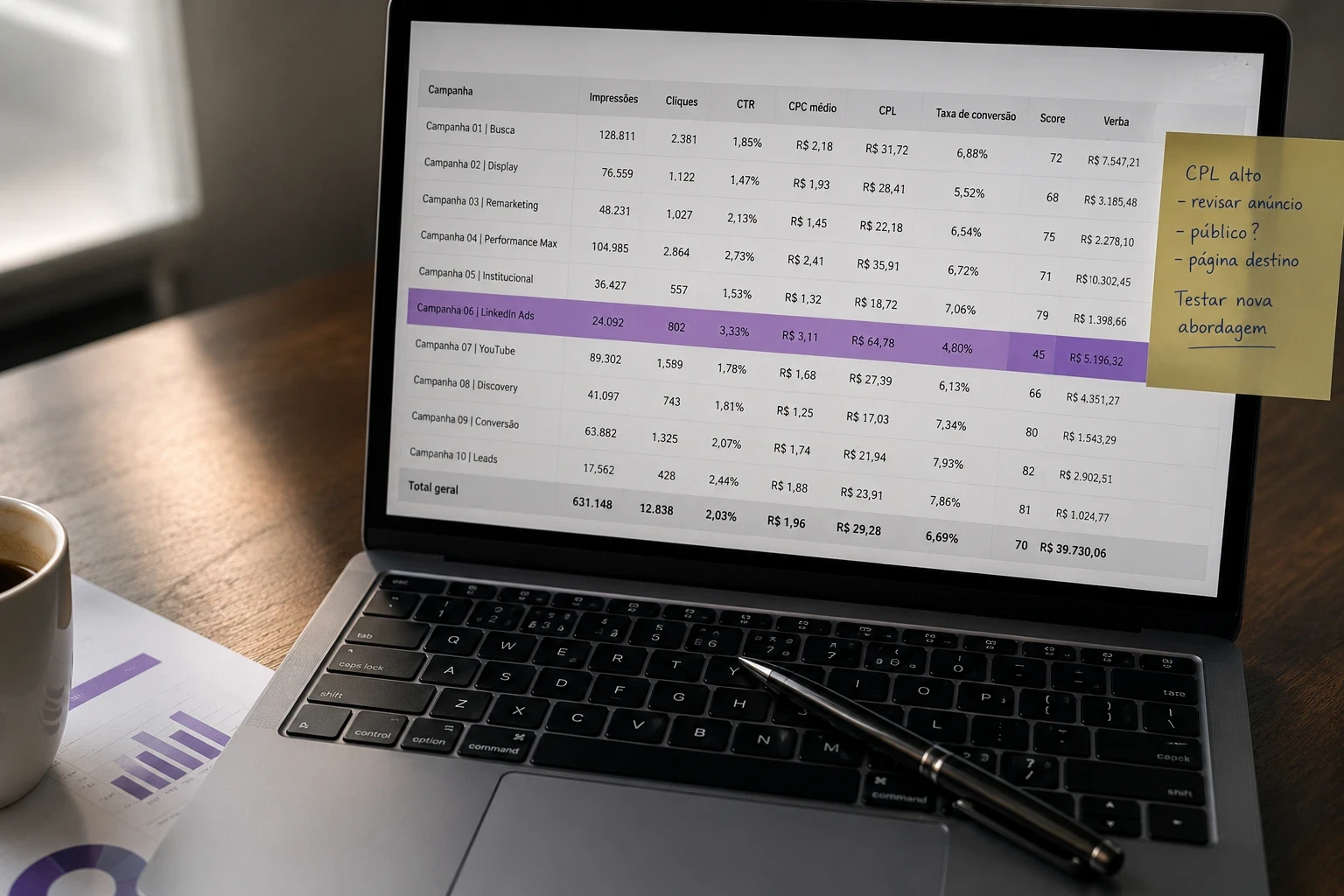 Tela de notebook mostrando planilha de análise de campanhas de Google Ads com colunas de impressões, cliques, CTR, CPC, CPL, taxa de conversão, score e verba, com linha destacada em roxo na campanha de LinkedIn Ads e Post-it amarelo com anotações sobre revisão de anúncio, público e página de destino