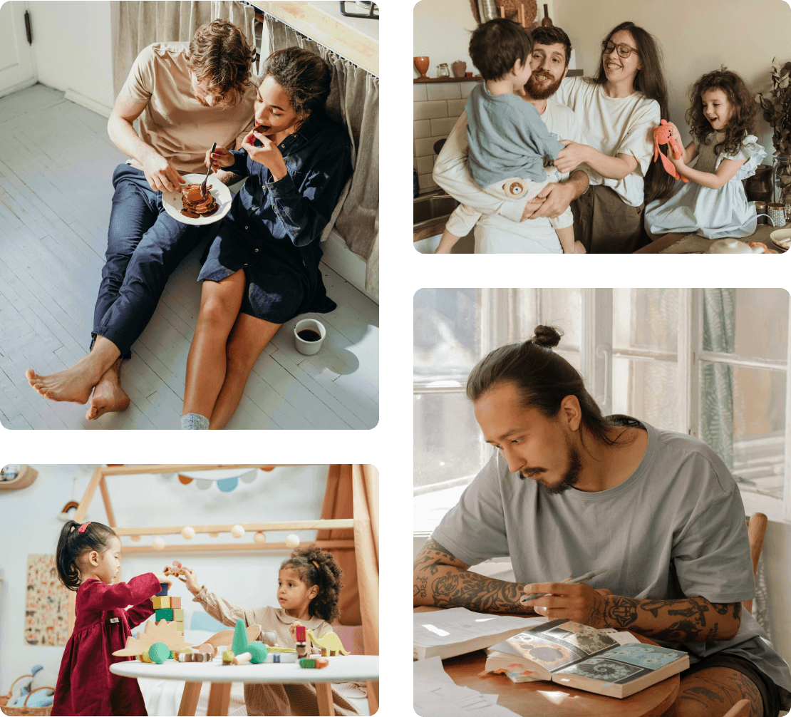 Collage of happy, relaxed adults and children