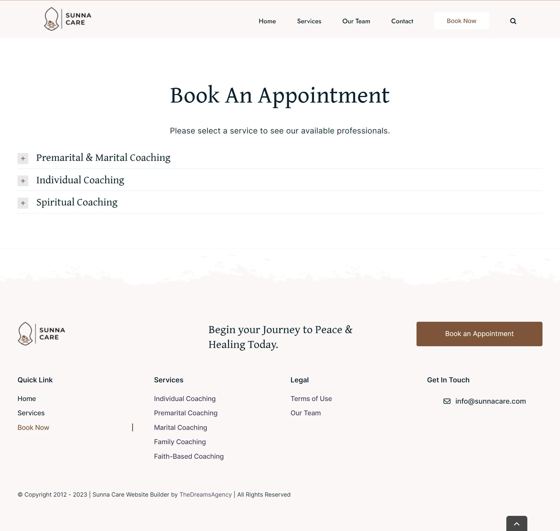 book now page for sunnacare website developed & designed by Dreams Agency Mississauga, Ontario