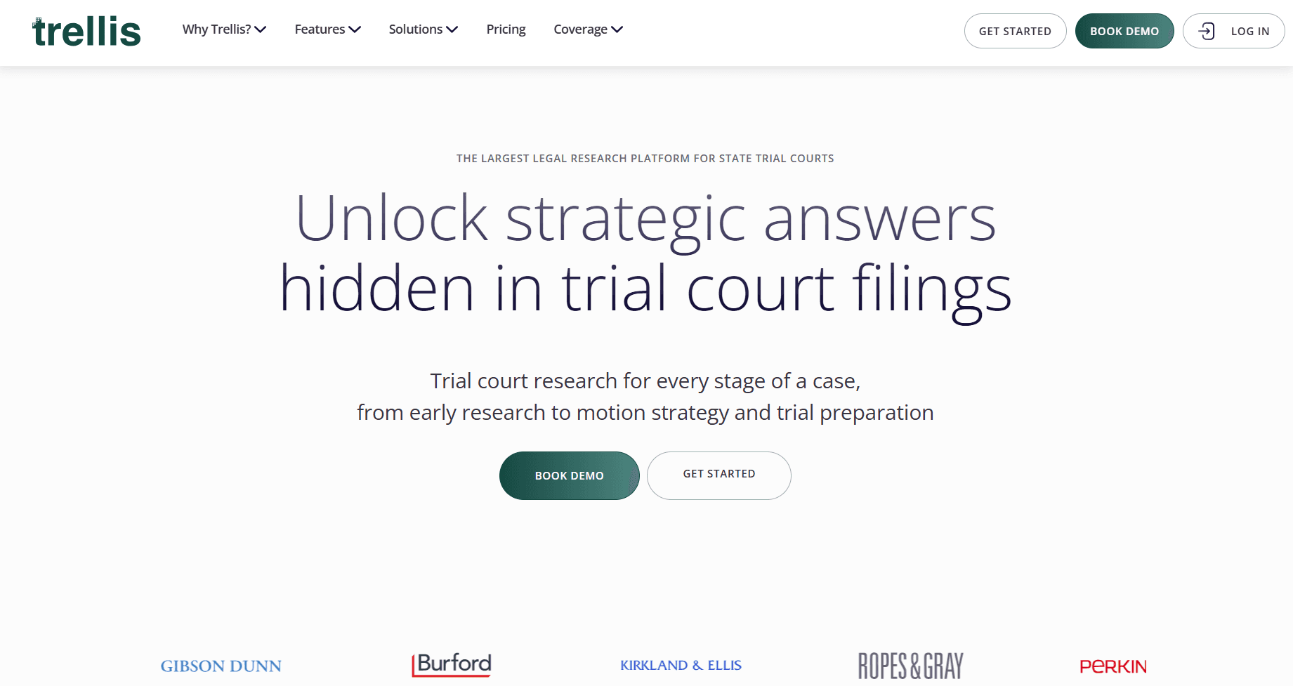 Homepage screenshot of Trellis featuring the headline “Unlock strategic answers hidden in trial court filings” with buttons to book a demo or get started.