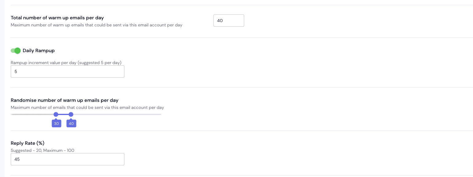 Our email warmup settings