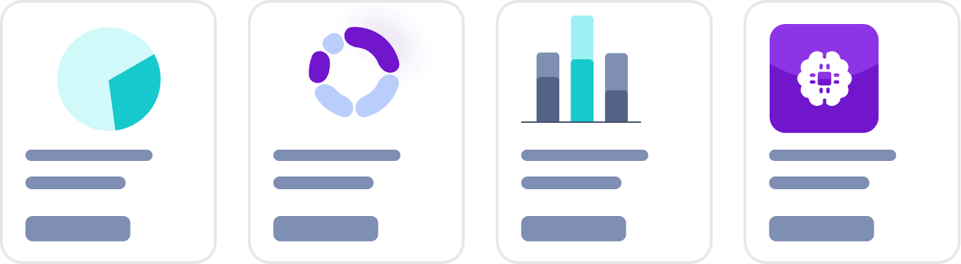 Four illustrated cards displaying different types of graphs: a pie chart, a donut chart, and a bar graph, with descriptive text below each graph and the last representing AI capabilities.