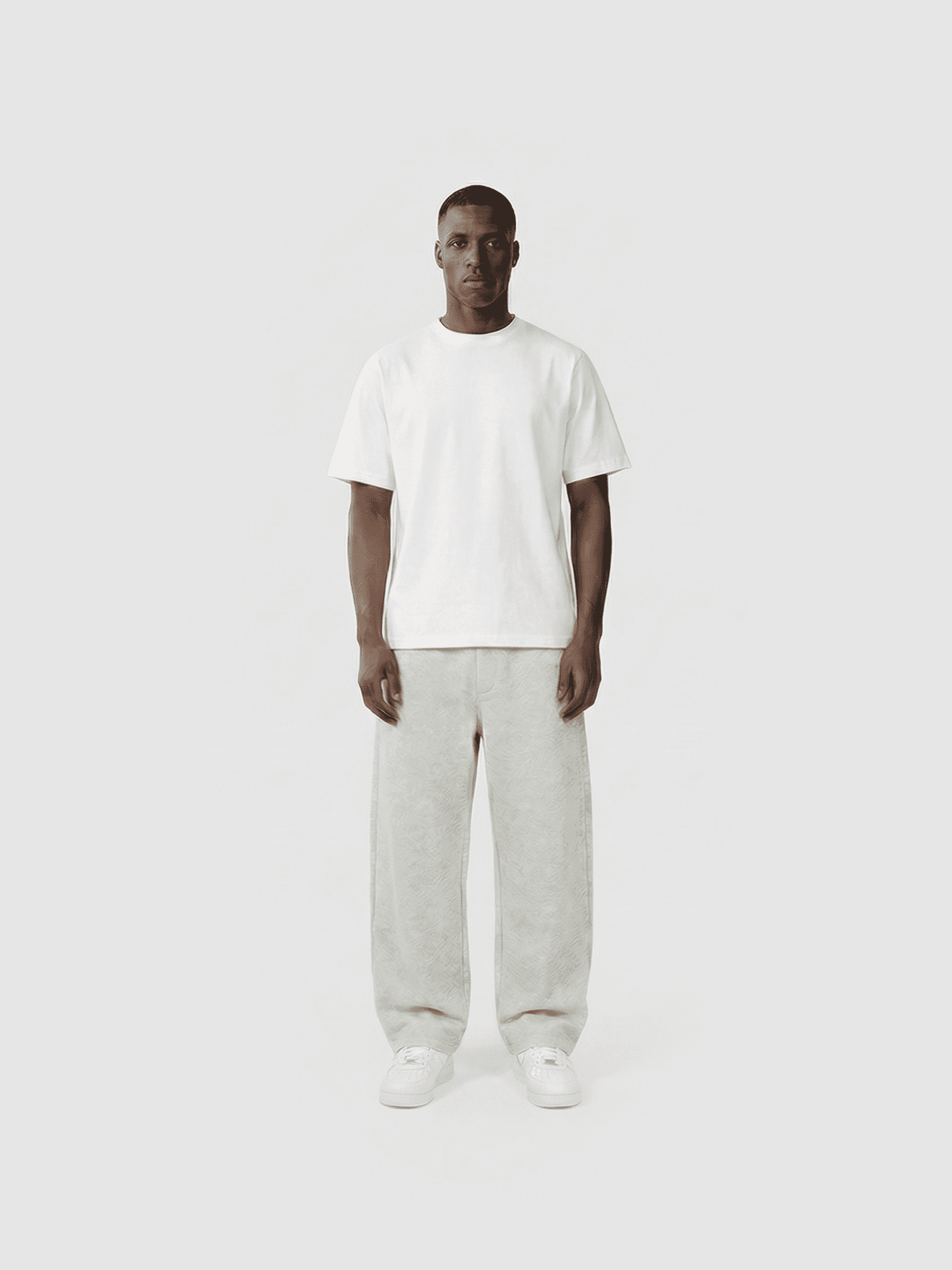 Heavyweight classic crew T-shirt in navy — front view on model.