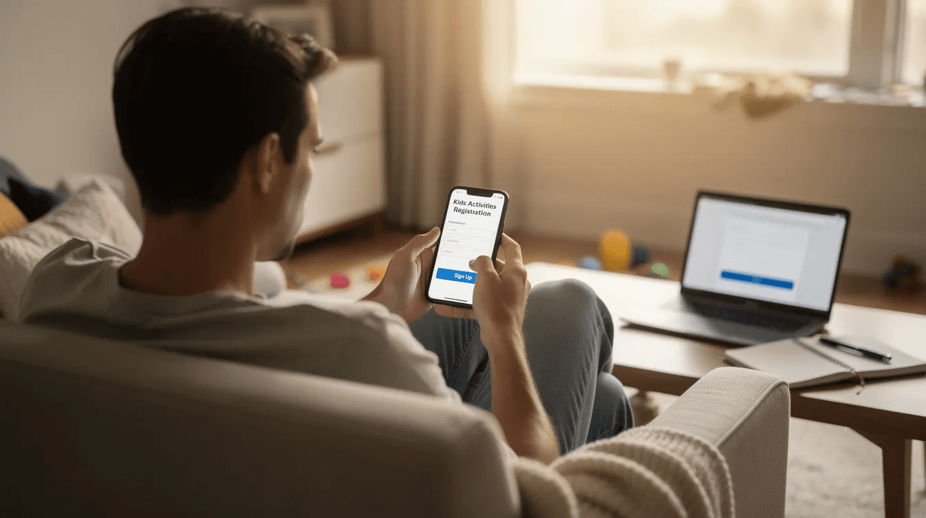 A parent is sitting on a couch, using a smartphone to complete registration forms for their children's activities through class registration software. This process allows for easy access to manage multiple classes and streamline administrative tasks efficiently.