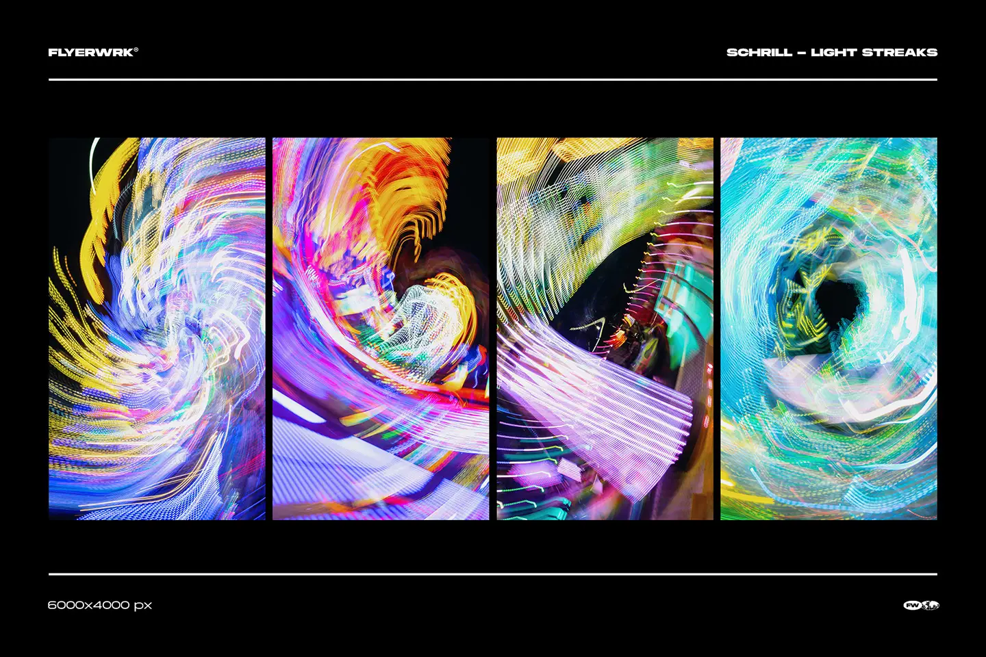 Four vertical examples of Schrill light streak backgrounds featuring vibrant abstract swirls of blue, yellow, and red light.