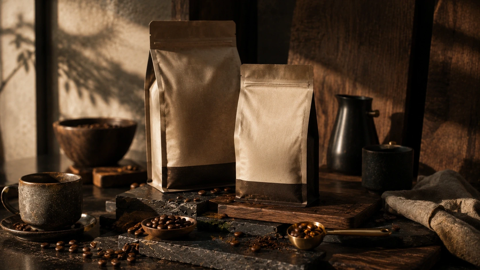 Premium coffee bags displayed with roasted coffee beans, ceramic cups, walnut wood, and artisanal brewing accessories.